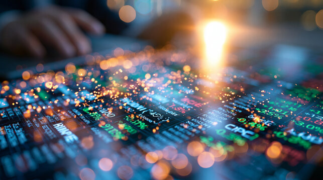 Close up bright digital stock market ticker board showing various stock symbols with green and red percentage changes and volume data columns clean modern high resolution screen crisp