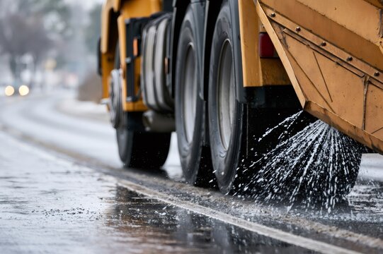 Salt spreader truck clearing icy winter road