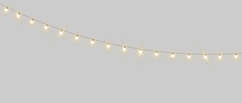 Warm glowing led lighting, string lights garland, Christmas fairy light overlay with shiny glittering white bulbs illumination for festive event celebration outdoor party decoration on transparent PNG