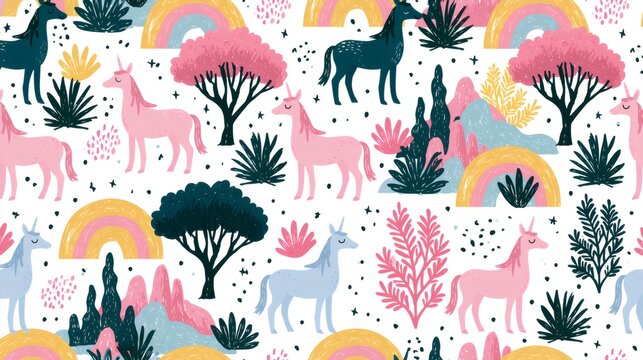 Unicorns and rainbows in a whimsical forest pattern