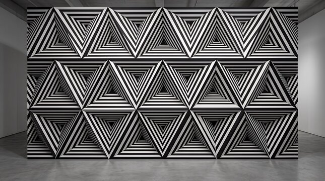 Modern geometric optical illusion backdrop with abstract monochromatic striped triangular patterns creating three dimensional depth effect