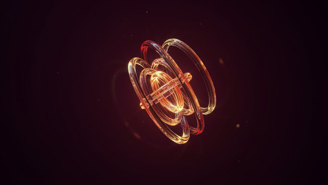: A glowing orange atomic model with orbiting rings and particles set against a dark red background.
