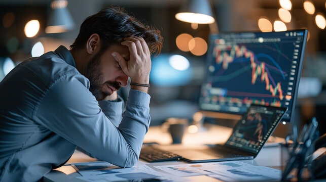 Trader reacting to a loss in intraday stock market and cryptocurrency investment risk captured from behind at a clean modern desk reviewing a declining chart concept of active trading and