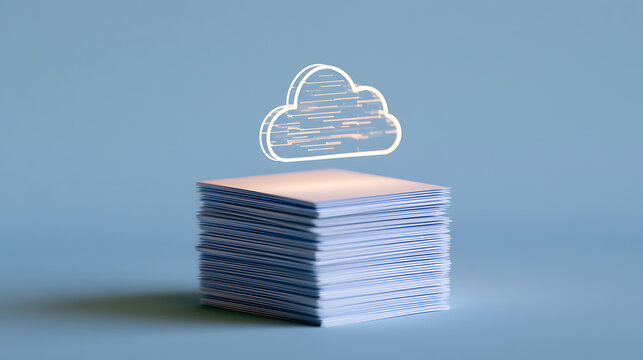 A stack of white paper sheets beneath a digital cloud computing icon, representing data storage, digital archive, and modern technology