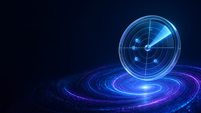 Glass radar scanner dial with signal waves glowing on swirling digital technology background design template