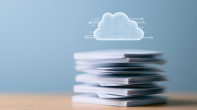 A digital cloud icon hover above a tall stack of white paper documents on wooden desk with blue background representing data storage in office
