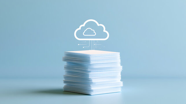 Cloud computing concept with stack of paper documents and digital network symbol floating above, modern technology integration for data