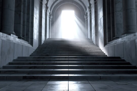 Stone stairs leading to bright light through archway