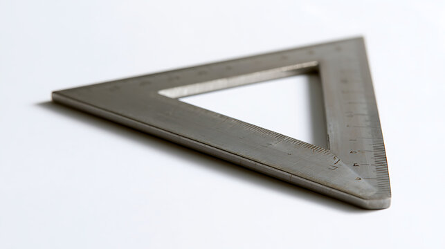 Metal triangle ruler tool on clean white background, classic precision instrument for architecture design, technical draft, and math study