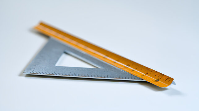Metal triangle set square and orange wood ruler on clean white surface, precision measuring tools for school work, blueprint, architecture