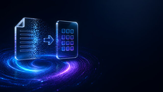 Glass document converting into mobile application icon grid glowing on digital technology background design template
