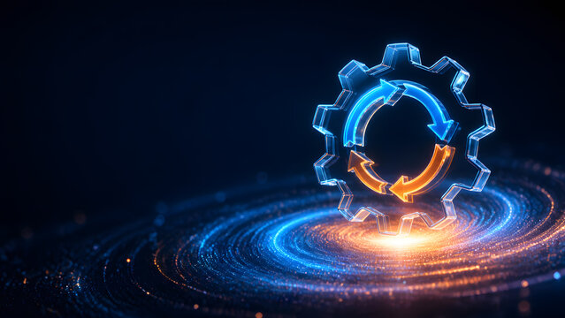 Glass gear wheel with circular arrows cycle glowing on swirling digital technology background design template