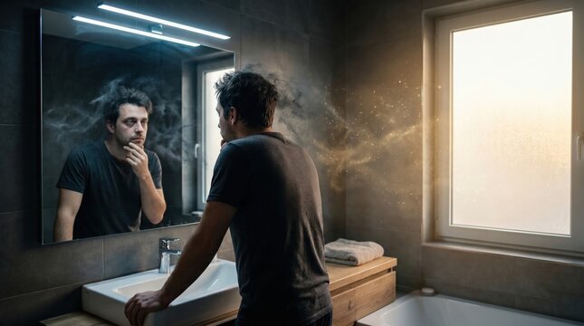 Tired and stressed man looking at his reflection in a bathroom mirror with dust and smoke particles around him.