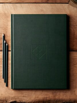 Green journal on wood desk with pencils