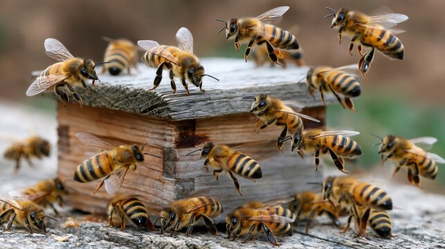 Honeybees flying around wooden beehive box