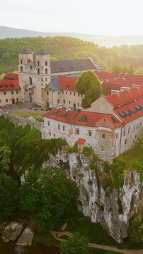 Aerial view of Benedictine abbey in Tyniec, Poland at dawn.