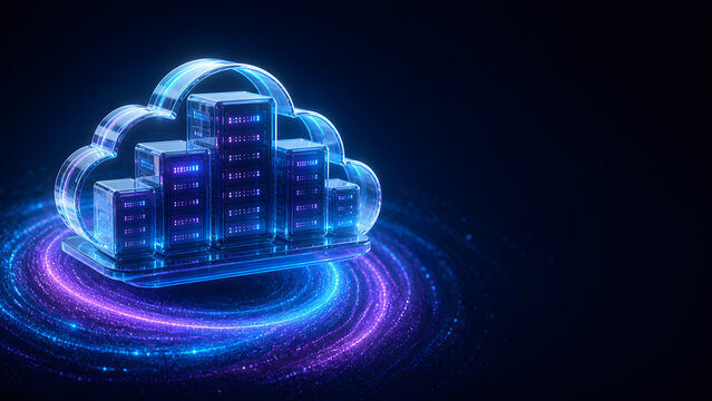 Glass cloud shape with server cluster glowing brightly inside on swirling digital technology background design