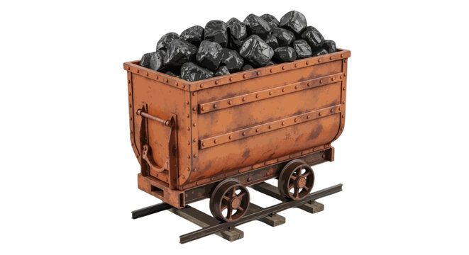 Vector illustration of old rusty mine cart filled with coal on a transparent background