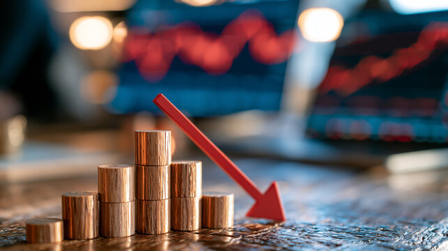 Stock exchange floor scene featuring small wooden block towers arranged in a declining stair step pattern beside a red downward arrow blurred trading screens in the background representing