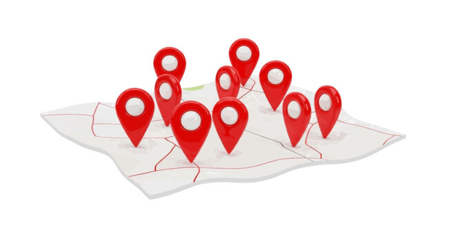 Vector illustration of 3d render of a map with multiple red location pins on a transparent background