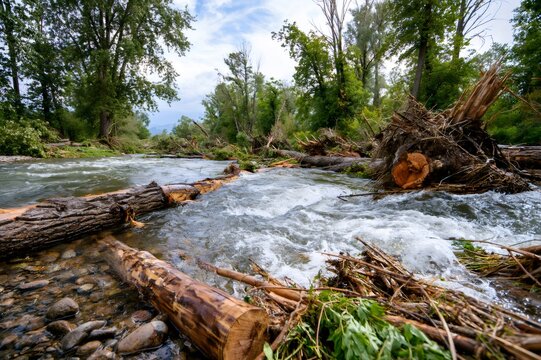 River flowing through forest after flood damage
