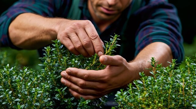 Man's hands tending green plants in garden