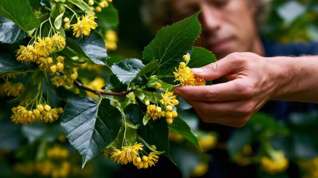 Man harvesting linden flowers for herbal tea preparation