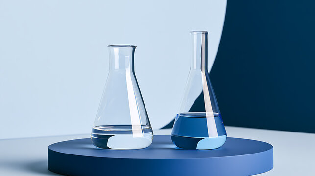 Laboratory glass erlenmeyer flasks with blue liquid on a podium inside a science research facility for pharmaceutical and medical testing