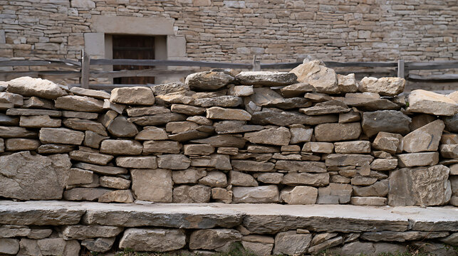 Rustic dry stone wall and historic rural architecture structure made from natural stacked rock blocks in a quiet countryside farm setting