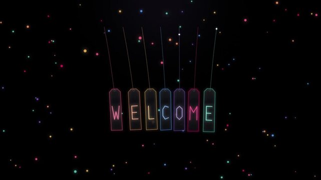Welcome typography hanging on strings with colorful floating particles motion video