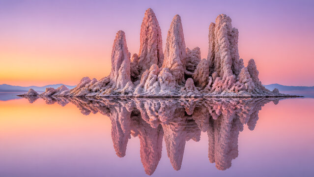 Tall tufa rock tower reflects in calm lake water under pink purple sunset sky gradient