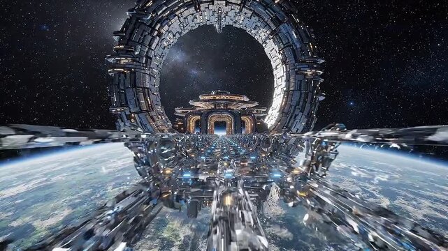 Futuristic spacecraft advances toward orbital gateway above Earth. Metallic structures and glowing blue lights frame star filled space, creating dramatic space exploration view with strong forward