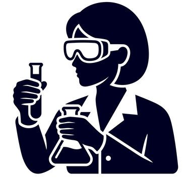 Female scientist wearing safety goggles holding test tube and erlenmeyer flask