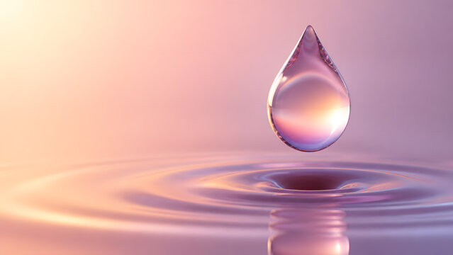 Clear water droplet falls into calm pool creating gentle ripple on soft pastel pink background
