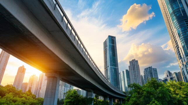 Quiet Daybreak From the Edge of the Business District: Urban Skyline Background With Elevated Road And Skyscrapers I &acirc;&euro;&ldquo; Skyline Study 3