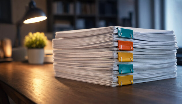 Stack of documents with colorful binder clips on a wooden office desk at night.