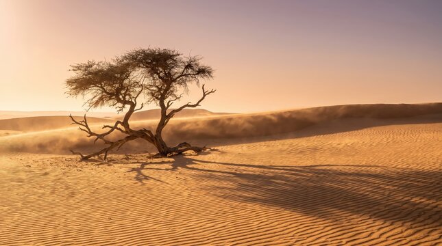Lonely acacia tree stands within vast golden sand dunes under soft warm sunset evening desert light