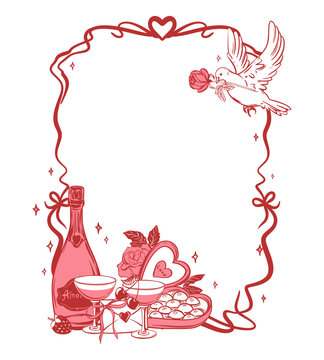 Valentine's Day vertical frame. Vector wedding template with a white dove. Romantic evening with a bottle of champagne. Chocolate, glasses of wine, love letter and rose. Ink sketch.