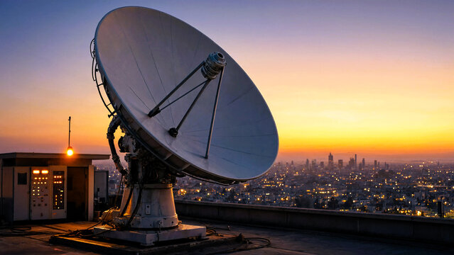 Large satellite dish antenna on a rooftop overlooking a city skyline at sunset.