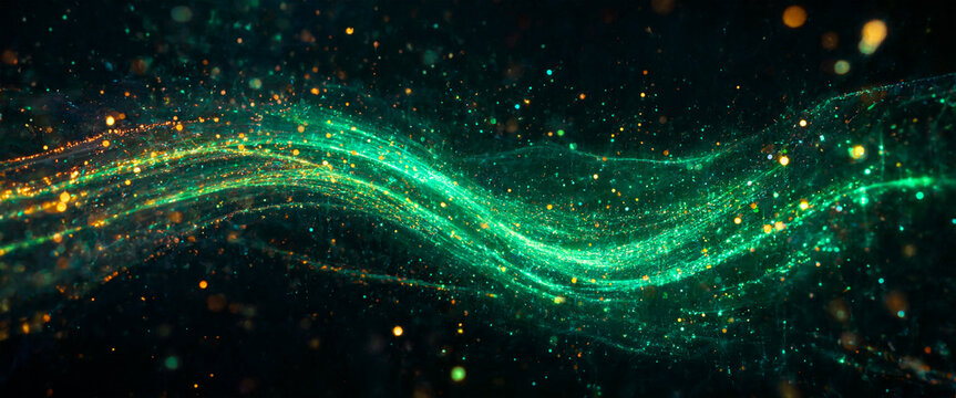 Abstract green digital data stream with glowing particles and flowing light waves.