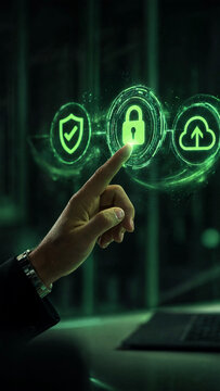 Hand touching digital security hologram with padlock and cloud icons for cyber protection.