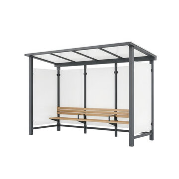 Modern bus stop shelter with wooden bench isolated on transparent background for architectural visualization projects