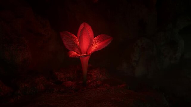 Slow motion tracking dolly tilt of red flower unfurling and glowing in dark cave interior with textured rock floor