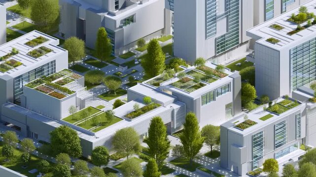 Aerial tracking shot of modern buildings with green roofs gliding over sustainable urban campus with courtyards and tree lined walkways in bright daytime