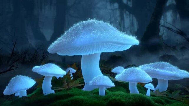 Slow motion tracking shot of glowing mushrooms swaying on mossy forest floor in misty nighttime woods