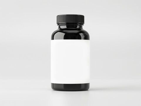 Black plastic supplement bottle with blank white label isolated on white background
