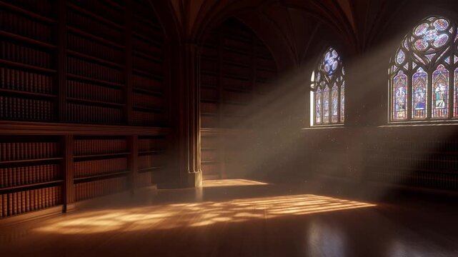 Slow pan shot of empty gothic library interior with sunbeams streaming through stained glass windows and dust motes