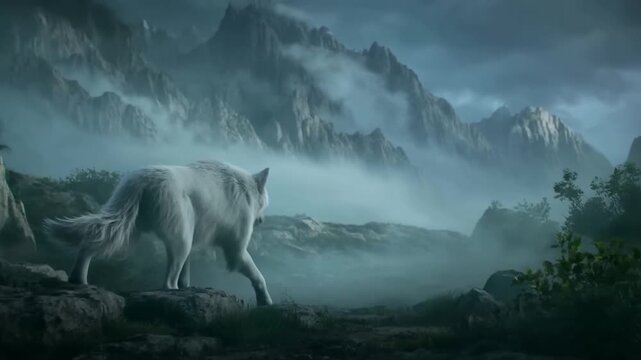 Tracking shot of white wolf walking along rocky ledge through misty mountain landscape at dusk with slow camera move