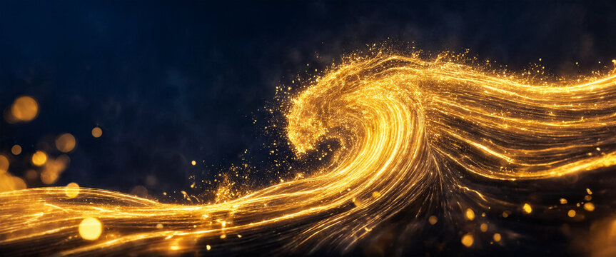 Golden particle wave abstract background with glowing light streaks and bokeh effect
