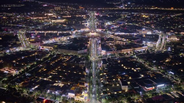 High-Angle Aerial Panoramic View of Tekes Bagua City Nightscape, Ili Unique Bagua I-Ching Geometric Structure, City Lights, Radial Street Network and Concentric Ring Roads in Xinjiang